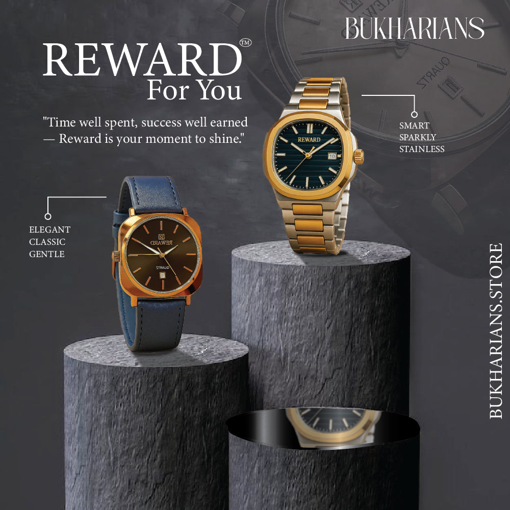 Reward TM 313-55G | Luxury Blue Leather Strap Watch with Golden Dial – Bukharians
