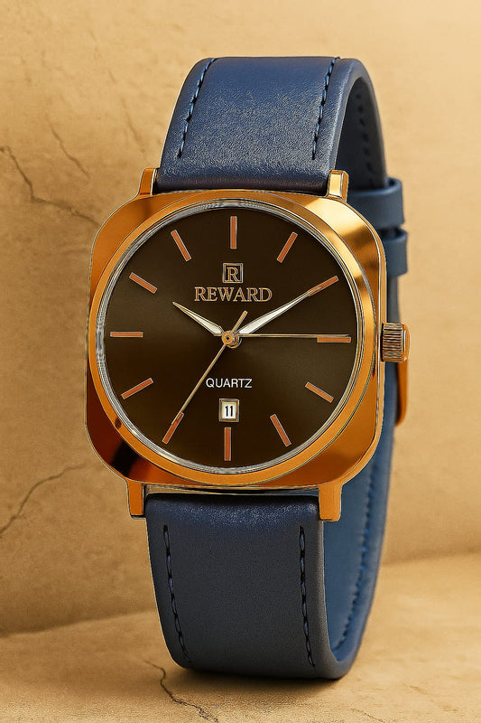 Reward TM 313-55G | Luxury Blue Leather Strap Watch with Golden Dial – Bukharians