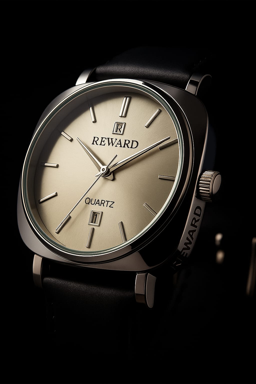 Reward TM 313-55G | Luxury Black Leather Strap Watch with White Dial – Bukharians