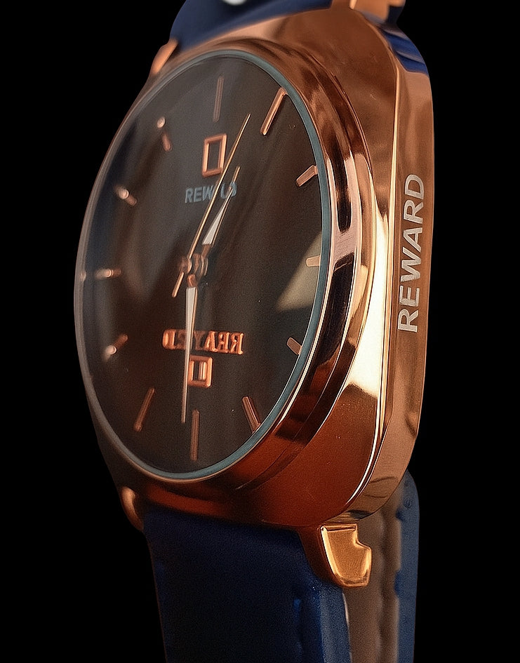 Reward TM 313-55G | Luxury Blue Leather Strap Watch with Golden Dial – Bukharians