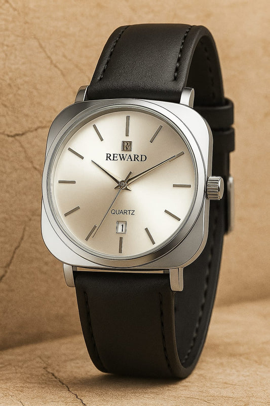 Reward TM 313-55G | Luxury Black Leather Strap Watch with White Dial – Bukharians